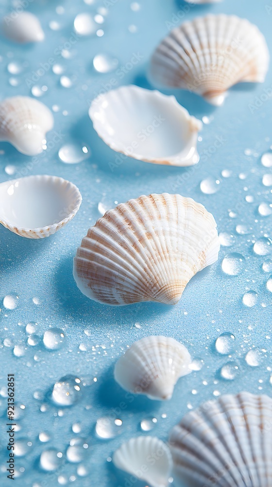 White seashells, water drops on a blue background White seashells, water drops on a blue background