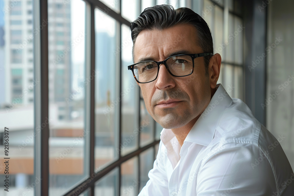 A man wearing glasses and a white shirt is standing in front of a window generative ai. A man wearing glasses and a white shirt is standing in front of a window generative ai.