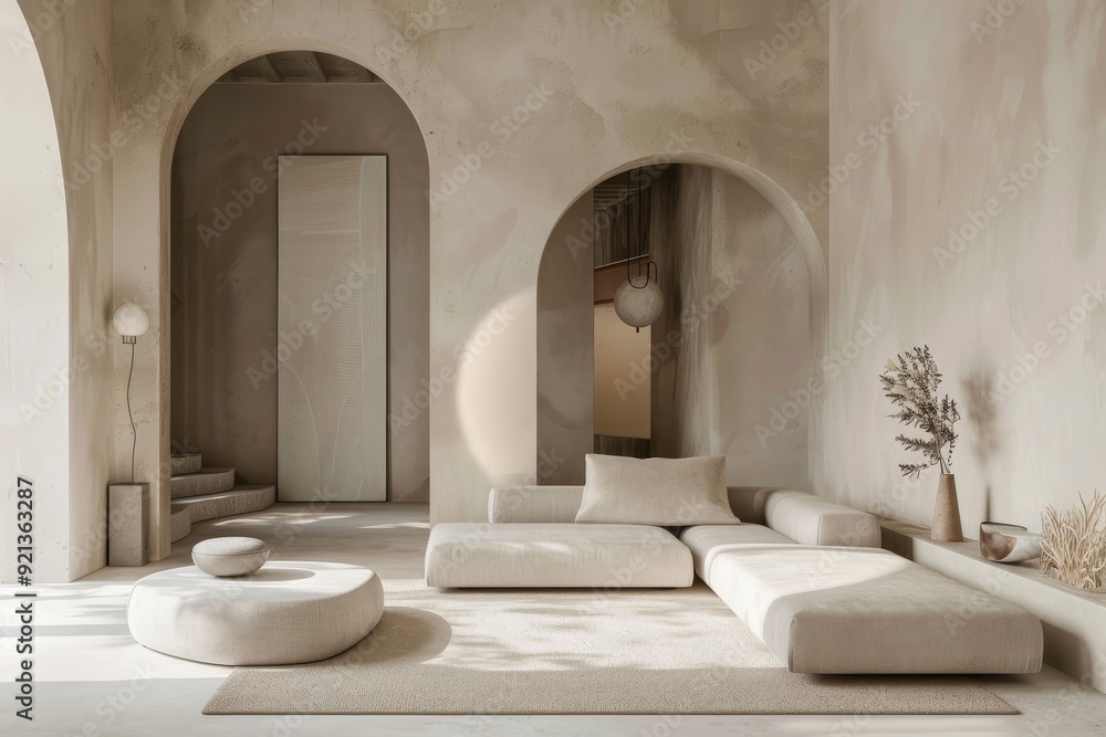 A minimalist living room featuring a spacious white couch as the central focus, Minimalist living room with neutral colors and geometric shapes A minimalist living room featuring a spacious white couch as the central focus, Minimalist living room with neutral colors and geometric shapes