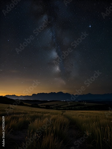 fields and plains and mountains at sunrise ,the horizon and starry sky