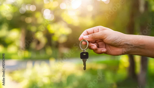 A person is holding a key in front of a house. The house is white and has a lot of windows. The key is silver and has a black handle. Scene is one of accomplishment and excitement