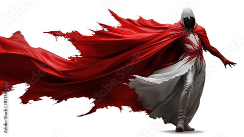 Mysterious figure in a red torn cloak with intense motion in a striking fantasy Halloween design. photo