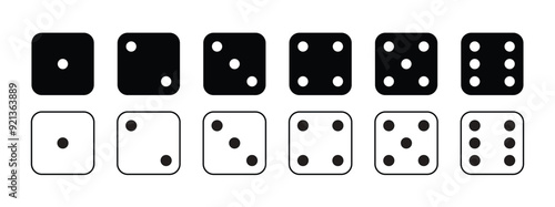 Game dice Icon with side of cube from one to six number. Set of black icon sided for gamble. Dot on cube of casino