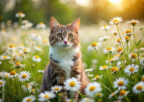 Gray tabby cat sits in the grass in a field of daisies