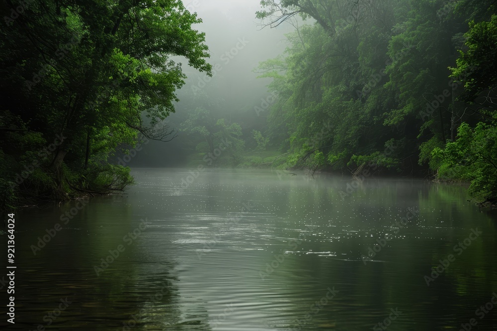 A body of water covered in mist, surrounded by trees, Mist shrouding a tranquil river A body of water covered in mist, surrounded by trees, Mist shrouding a tranquil river