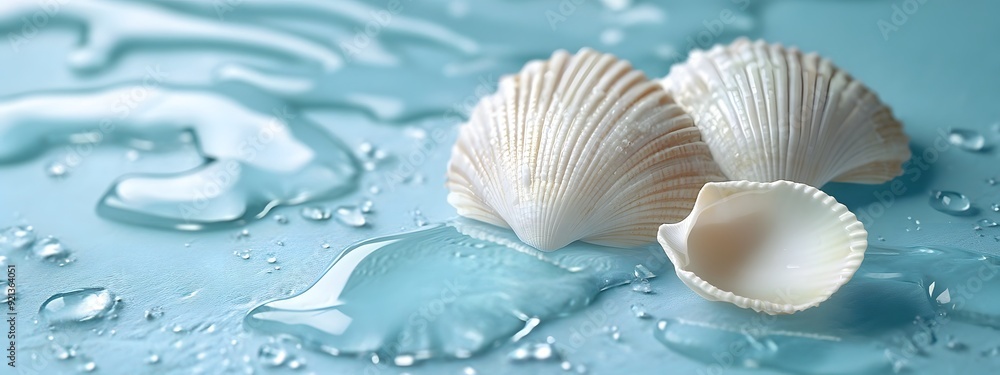 White seashells, water drops on a blue background White seashells, water drops on a blue background