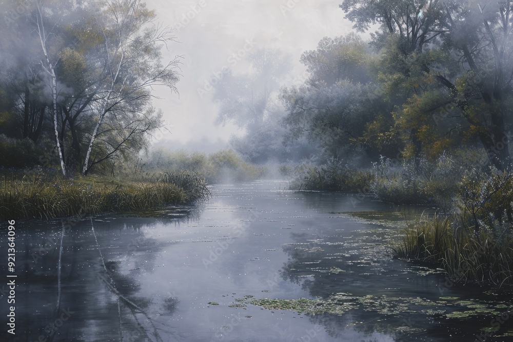 Fototapeta premium A painting showcasing a river meandering through a forest with mist creating a serene atmosphere, Mist shrouding a tranquil river