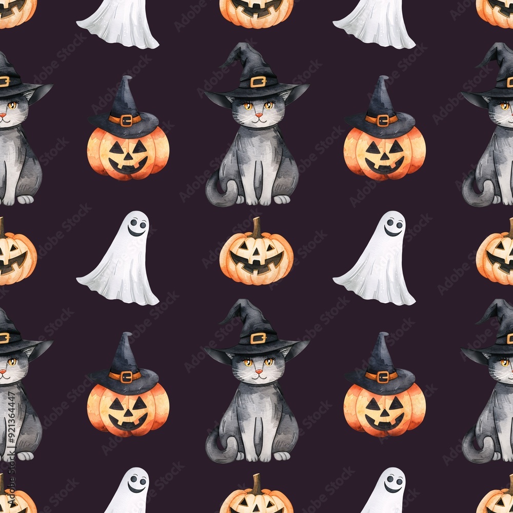 Watercolor Halloween seamless pattern with Cat, Ghost, and Pumpkin on a dark background Watercolor Halloween seamless pattern with Cat, Ghost, and Pumpkin on a dark background
