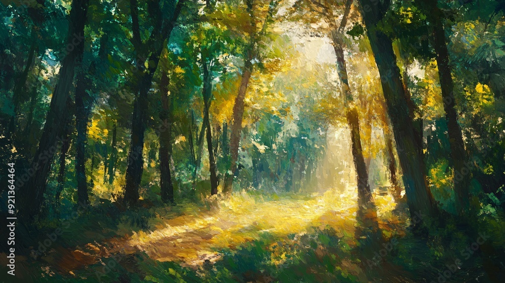 forest with sunlight, dappled, shadow on the ground. The leaves, shades of green to yellow, rays, path, tree trunks, impressionist landscape, the painting features detailed brushwork, tranquil forest with sunlight, dappled, shadow on the ground. The leaves, shades of green to yellow, rays, path, tree trunks, impressionist landscape, the painting features detailed brushwork, tranquil
