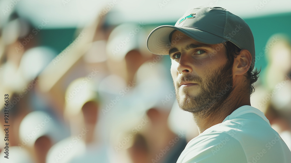 Intense tennis player mid-game in a cap and shirt, with a focused expression, surrounded by a cheering crowd. Photo Intense tennis player mid-game in a cap and shirt, with a focused expression, surrounded by a cheering crowd. Photo