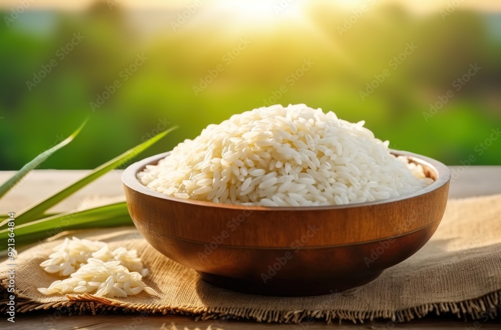 White rice in wooden bowl on table with blurred background of paddy field and sunlight.
White rice in wooden bowl on table with blurred background of paddy field and sunlight.