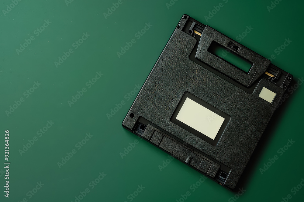 A black floppy disk sits on a green background. The disk is old and worn, and it is a floppy disc from a computer. Concept of nostalgia and a feeling of the past A black floppy disk sits on a green background. The disk is old and worn, and it is a floppy disc from a computer. Concept of nostalgia and a feeling of the past