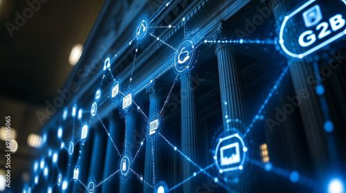 A government building with digital lines connecting to various business icons and 