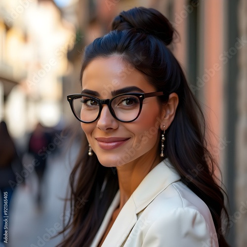 Photo of young brunnete woman in the city outdoors. Portrait of young fashionable woman in a city