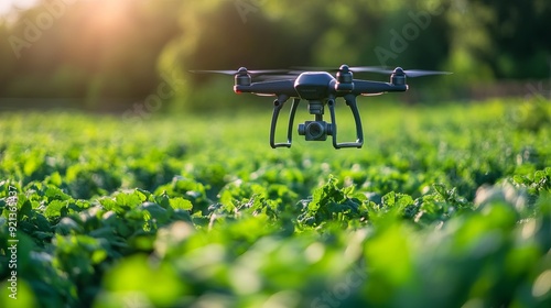 Drone flying over lush green field during sunny afternoon