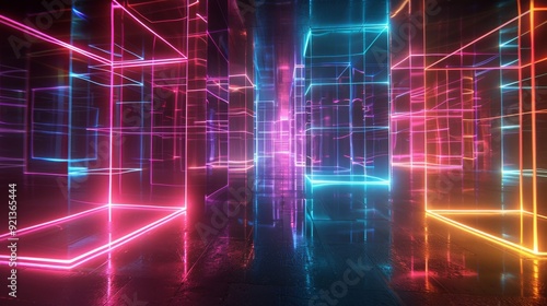 Neon Wireframes: Wireframe models rendered in neon colors, creating an abstract grid against a black background.