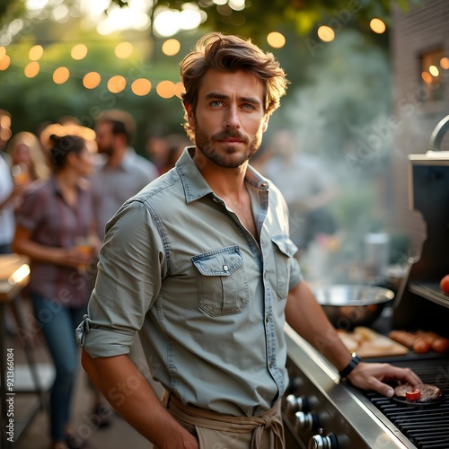 Potrait of man grilling during family bbq party outside in the backyard on patio.