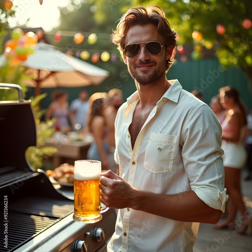 Man grilling ribs and vegetable on grill during family summer garden party. Man holding a beer at a bbq backyard party