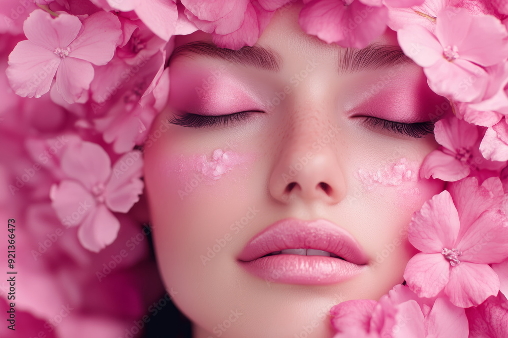 A serene beauty enveloped in vibrant pink flowers, creating a dreamy atmosphere of tranquility and peace A serene beauty enveloped in vibrant pink flowers, creating a dreamy atmosphere of tranquility and peace