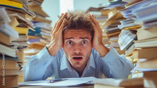 Stressed man surrounded by piles of books and papers