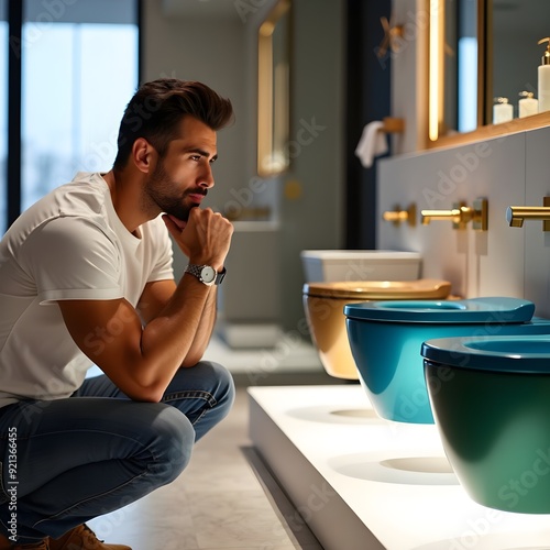 man in a toilet showroom leaning down trying to choose a wall-hung toilet model