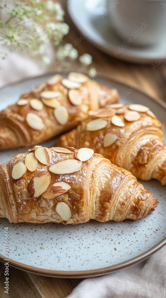 Close-up of three almond croissants on a ceramic plate with a cup of coffee in the background Close-up of three almond croissants on a ceramic plate with a cup of coffee in the background