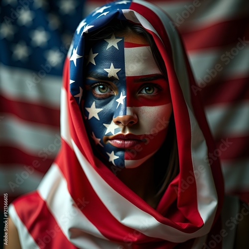Woman covered in american flag colors painted on her face and adorning an american flag