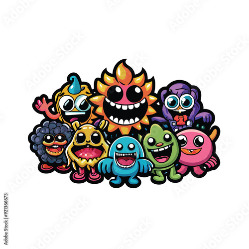 A playful parade of cute, colorful cartoon monsters, each with a unique design and personality.