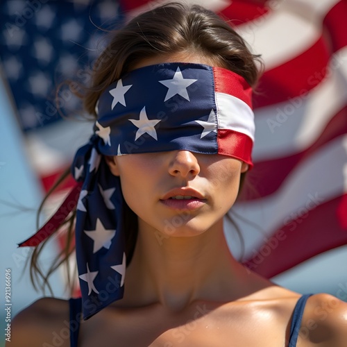 woman wrapped in american flag as a scarf on eyes with american flag as background