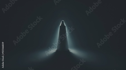 Mystical silhouette of a hooded figure illuminated in dark ambient atmosphere. Ghost in copy space concept photo