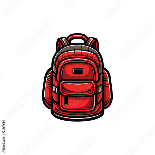 A red school backpack with a black outline and a gray strap.  The backpack is facing the viewer with a white background.