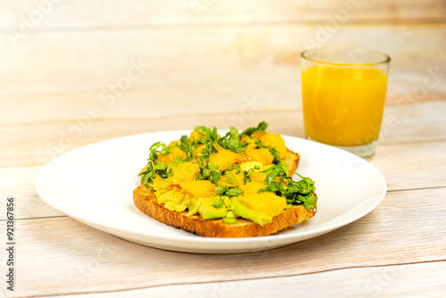 breakfast toast orange juice fresh healthy avocado mango veggie