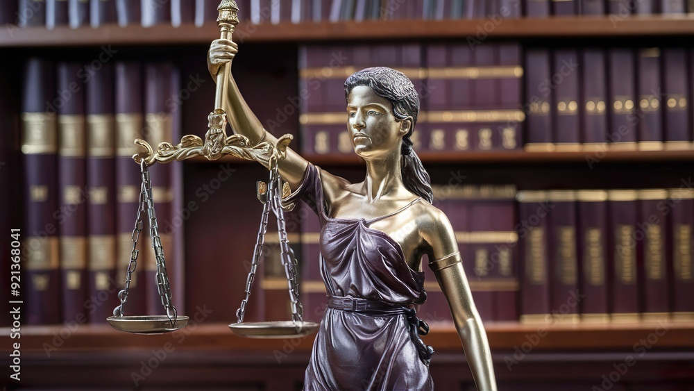 Obraz premium Law offices of lawyers legal statue Greek blind goddess Themis bronze metal statuette figurine with scales of justice.