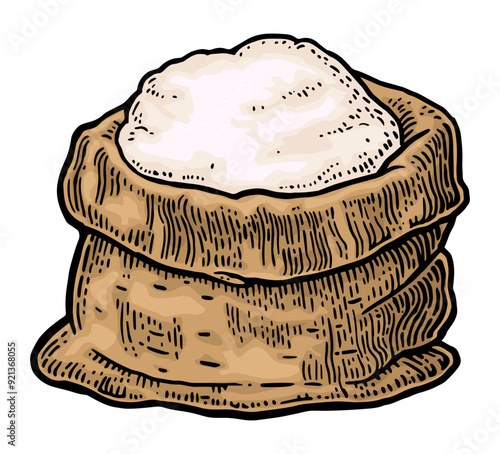 Sack with flour. Hand drawn sketch style. Vintage color vector engraving illustration for label, web, flayer bakery shop. Isolated on white background.