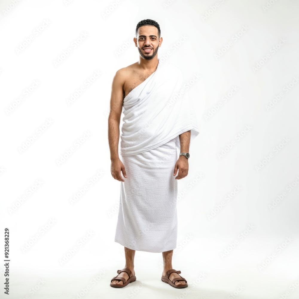 Muslim arab man praying while standing in white traditional clothes of HAJJ anf Umrah Muslim arab man praying while standing in white traditional clothes of HAJJ anf Umrah