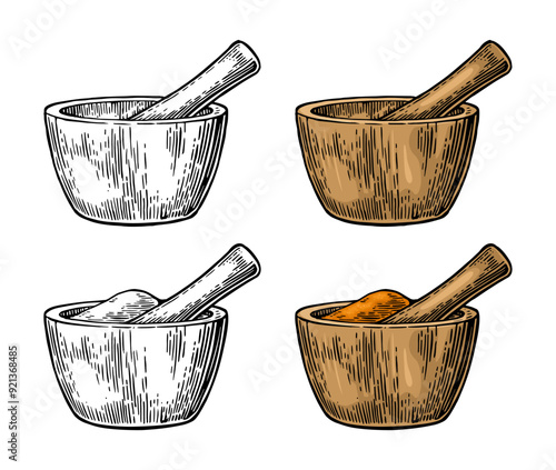 Wooden pestle and mortar with crushed piece. Vintage color vector engraving illustration for label, poster. Isolated on white background. Hand drawn design element