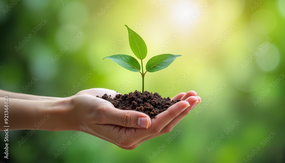 Hands holding young green plant in soil with sunlight backdrop Hands holding young green plant in soil with sunlight backdrop