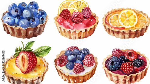 Set of tarts, including lemon, raspberry, and fruit tartlets, vibrant watercolor painting, cottagecore aesthetic, sticker clipart, isolated on white background