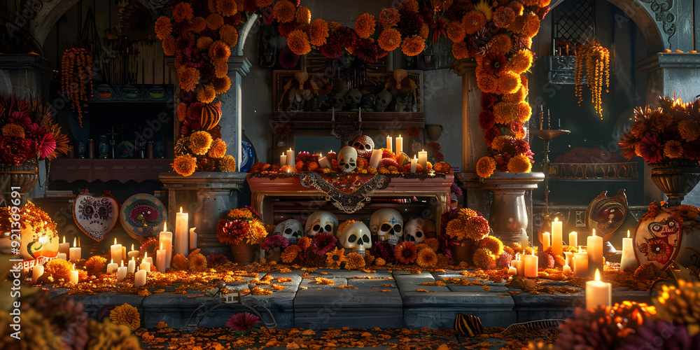 Fototapeta premium Mexican altar with sugar skull, candles and food