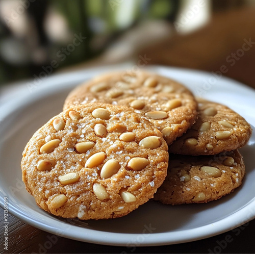 a pignoli cookie sweet  pine nuts with distnic, Cookie cookies with nuts on a plate, blurred background photo