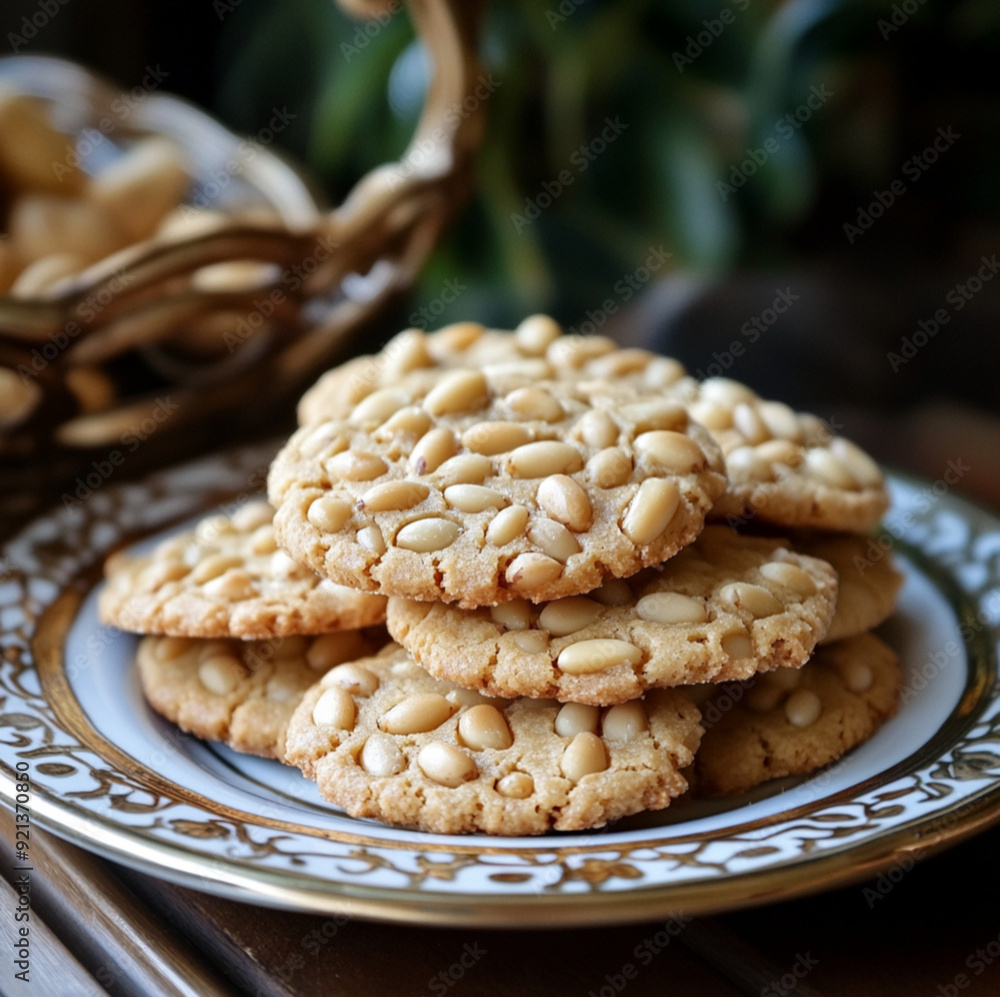 a pignoli cookie sweet pine nuts with distnic, Cookie cookies with nuts on a plate, blurred background a pignoli cookie sweet pine nuts with distnic, Cookie cookies with nuts on a plate, blurred background