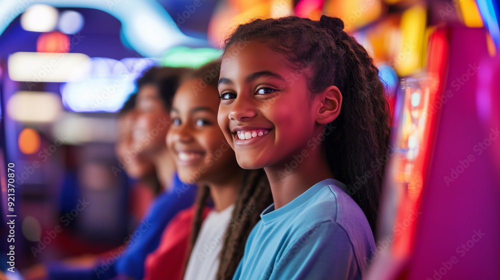 Bright and vivid high-resolution photo, showing a diverse group of middle school students enjoying themselves in an arcade, their faces are lit with smiles and laughter as they pla Bright and vivid high-resolution photo, showing a diverse group of middle school students enjoying themselves in an arcade, their faces are lit with smiles and laughter as they pla