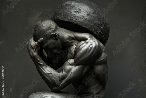 Strong man carrying a large rock on his head, showcasing his physical strength and endurance, Muscles straining under the weight of a heavy object photo