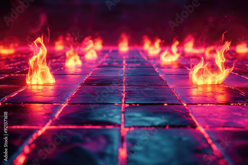 A futuristic synthwave-inspired scene with vibrant neon flames rising from a grid-patterned floor. The glowing fire and intense colors create a surreal and electrifying atmosphere.