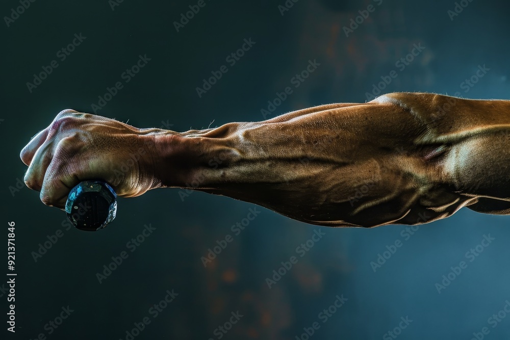 Detailed view of a mans muscular arm showcasing strength and definition, Muscular arm lifting a heavy object Detailed view of a mans muscular arm showcasing strength and definition, Muscular arm lifting a heavy object