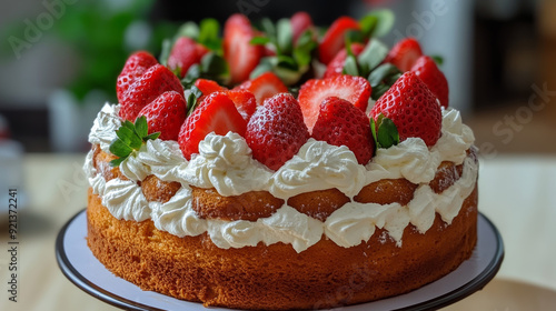 Wallpaper Mural A homemade cake topped with fresh strawberries and a dollop of whipped cream. The cake’s soft, moist layers are beautifully complemented by the vibrant strawberries and the light, airy whipped cream,  Torontodigital.ca