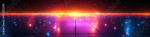 A mesmerizing synthwave-inspired grid floor illuminated by neon lights in vibrant pink, blue, and orange hues. The scene captures the essence of retro-futurism with a glowing, electrifying atmosphere.