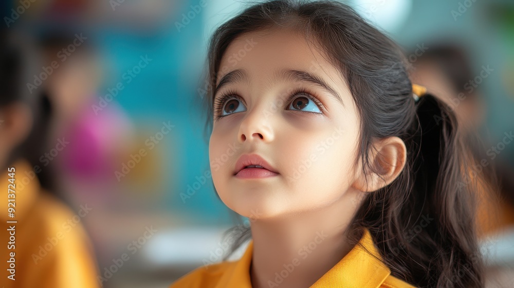A curious young girl gazes upwards, showcasing innocence and wonder in a bright classroom setting. Perfect for education themes. A curious young girl gazes upwards, showcasing innocence and wonder in a bright classroom setting. Perfect for education themes.
