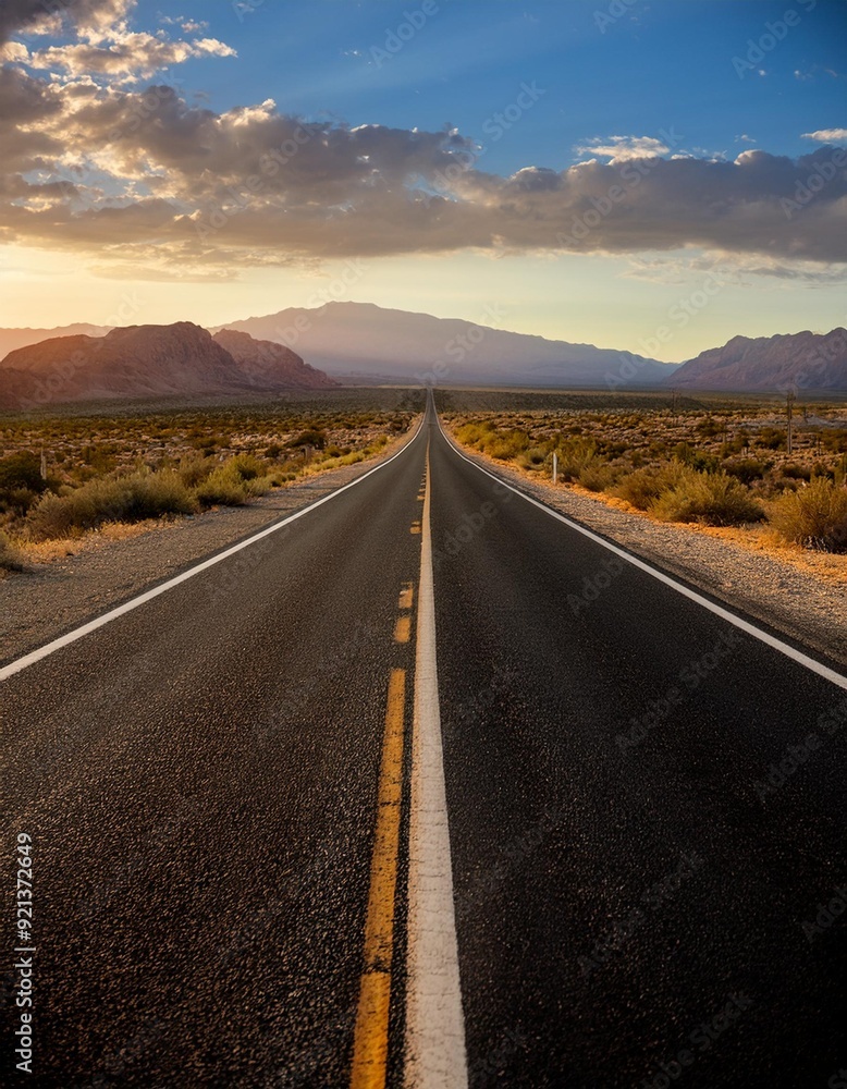 Fototapeta premium Open Road- A long, empty road stretching into the distance, offering space for text or travel-related products, symbolizing adventure and exploration