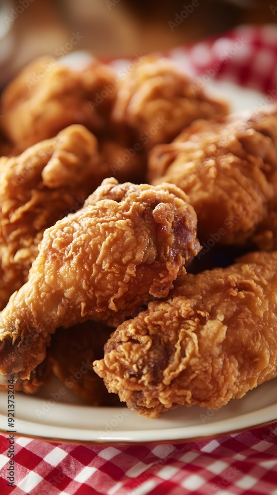 A plate of golden-brown, deep-fried chicken pieces on red and white checkered tablecloth. The skin is crispy with an attractive sheen A plate of golden-brown, deep-fried chicken pieces on red and white checkered tablecloth. The skin is crispy with an attractive sheen